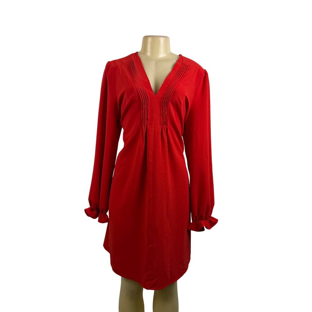 Dokotoo Womens Red Polyester Long-Sleeve V-Neck Pleated Tunic Dress Flowy Sz XL